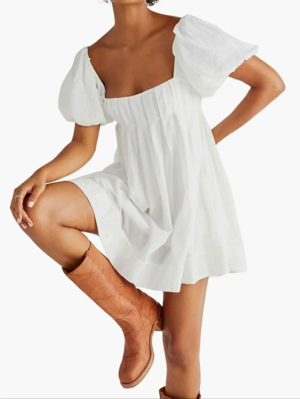 Free People White Puff Sleeve Square Neck Mini Dress